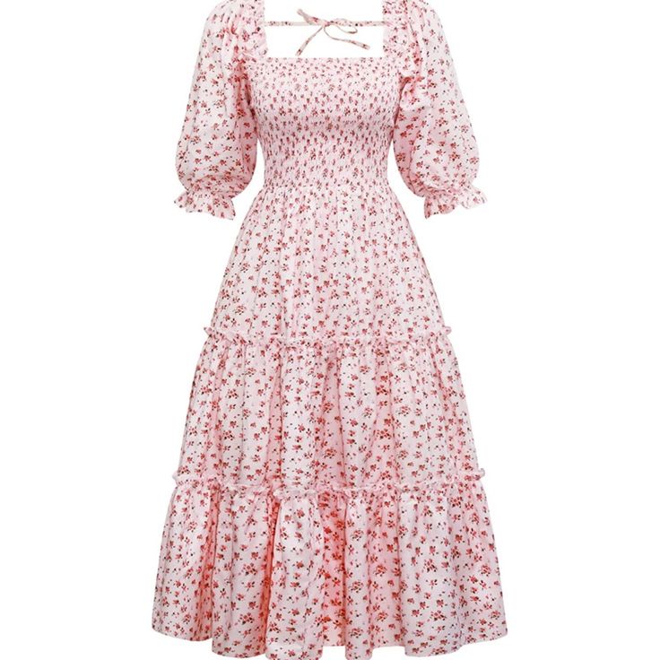 Women's Boho Floral Print Square Neck Beach Party Flowy Ruffle Midi ...