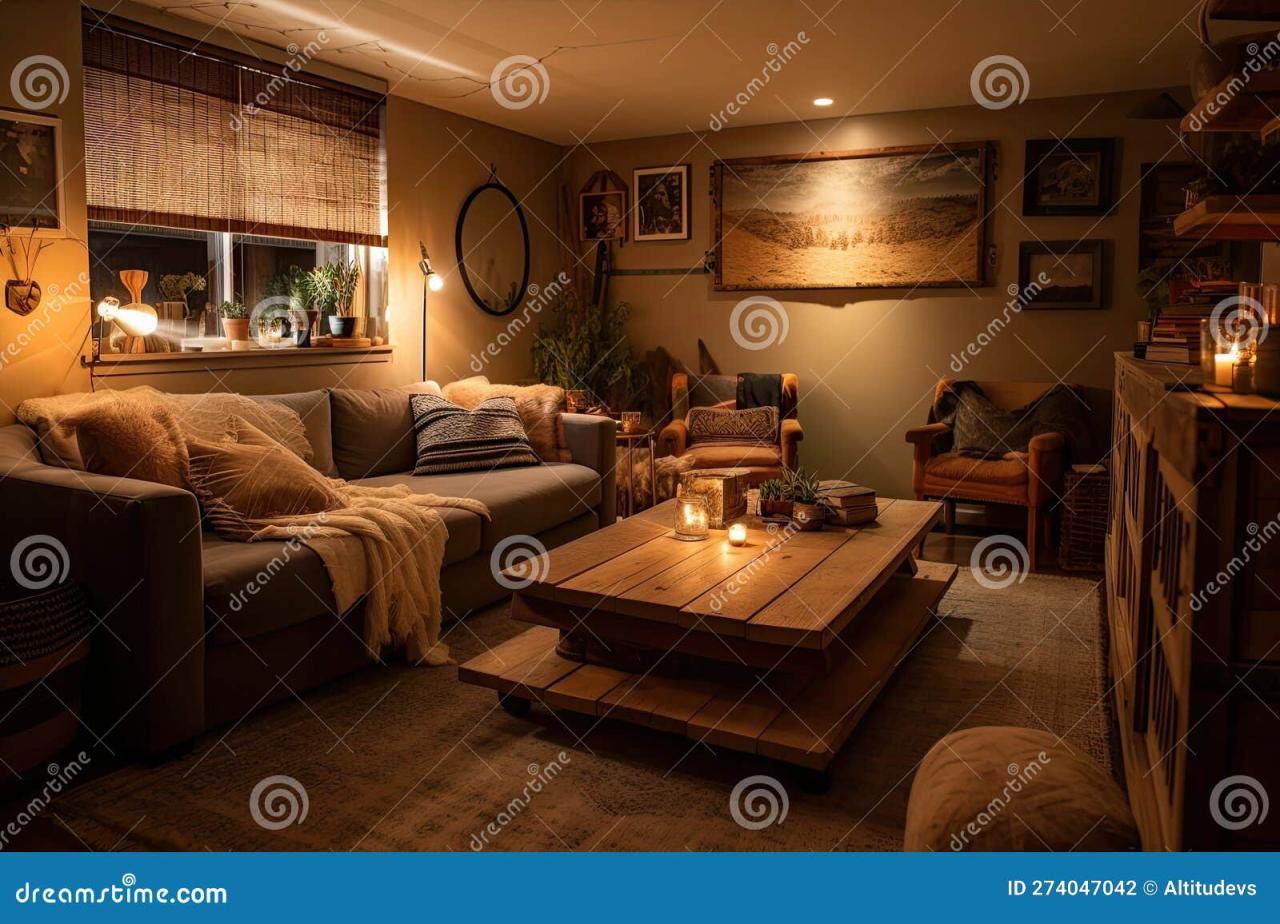Cozy Living Room with Plush Sofa, Warm Lighting, and Cozy Blankets ...